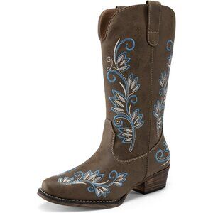 Women's Dark Brown Western Cowgirl Mid Calf Boots Square Toe Embroidered